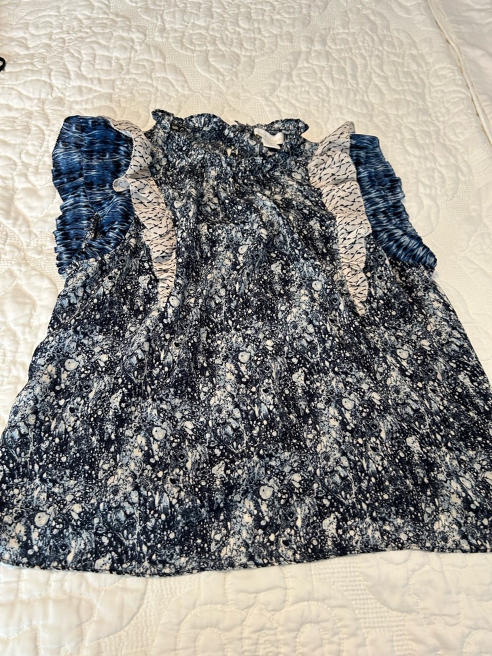 House of Harlow 1960 Navy and White Abstract Ruffle Top